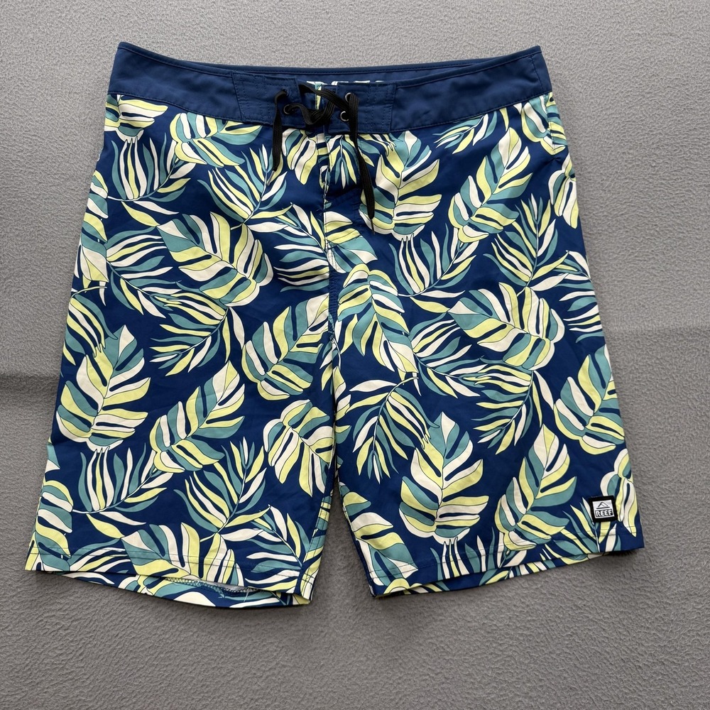 Reef Board Shorts Mens 34‎ Blue Tropical Leaf Print Swim Trunks UnLined Beach